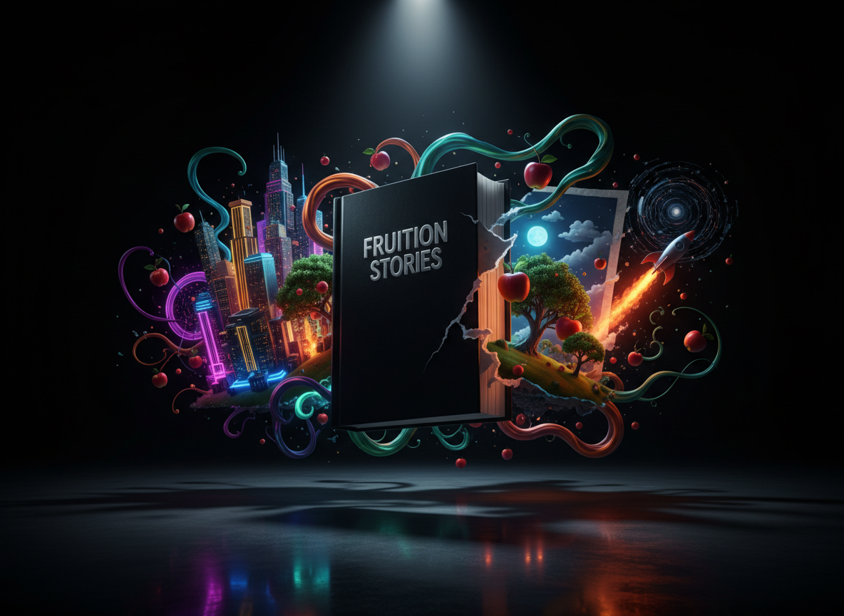 A glossy black hardcover book titled “Fruition Stories” lies open mid-air, its pages exploding outward into vivid, three-dimensional scenes: a neon-lit city skyline, a glowing apple orchard at midnight, and a tiny rocket ship blasting from the margin. The book hovers above a dark, reflective studio floor in an infinite black space. A single cinematic spotlight from above carves sharp highlights along the book’s spine and the edges of the flying pages, casting dramatic, elongated shadows. Wisps of glowing ink swirl between scenes, tying them together. Shot in a wide, low-angle composition with deep contrast and saturated colors, the mood is bold, magical, and heart-punching, like ideas leaping from the page straight into reality.