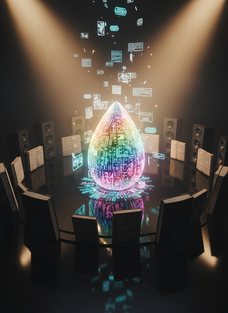 An enormous, iridescent seed shaped like a teardrop rests in the center of a circular, metallic storytelling arena, its surface etched with microscopic scripts and symbols that glow electric cyan and magenta. The arena floor is a seamless, polished black mirror, reflecting the seed and a ring of towering, faceless loudspeakers and open books that bend inward like an audience. Overhead, dramatic golden hour light streams through invisible apertures, creating cinematic beams that catch swirling dust and mist. Tiny, holographic story fragments—comic panels, paragraphs, storyboard frames—rise from the seed like embers. Captured from a top-down, slightly tilted angle for dynamic tension, the composition feels bold, otherworldly, and precise, embodying the moment when a wild idea is planted and begins to grow into something emotionally resonant.