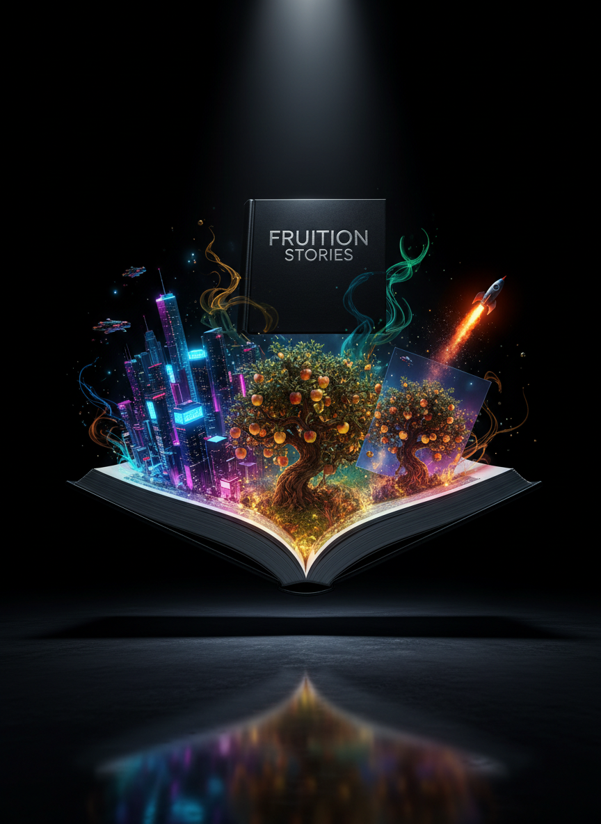 A glossy black hardcover book titled “Fruition Stories” lies open mid-air, its pages exploding outward into vivid, three-dimensional scenes: a neon-lit city skyline, a glowing apple orchard at midnight, and a tiny rocket ship blasting from the margin. The book hovers above a dark, reflective studio floor in an infinite black space. A single cinematic spotlight from above carves sharp highlights along the book’s spine and the edges of the flying pages, casting dramatic, elongated shadows. Wisps of glowing ink swirl between scenes, tying them together. Shot in a wide, low-angle composition with deep contrast and saturated colors, the mood is bold, magical, and heart-punching, like ideas leaping from the page straight into reality.