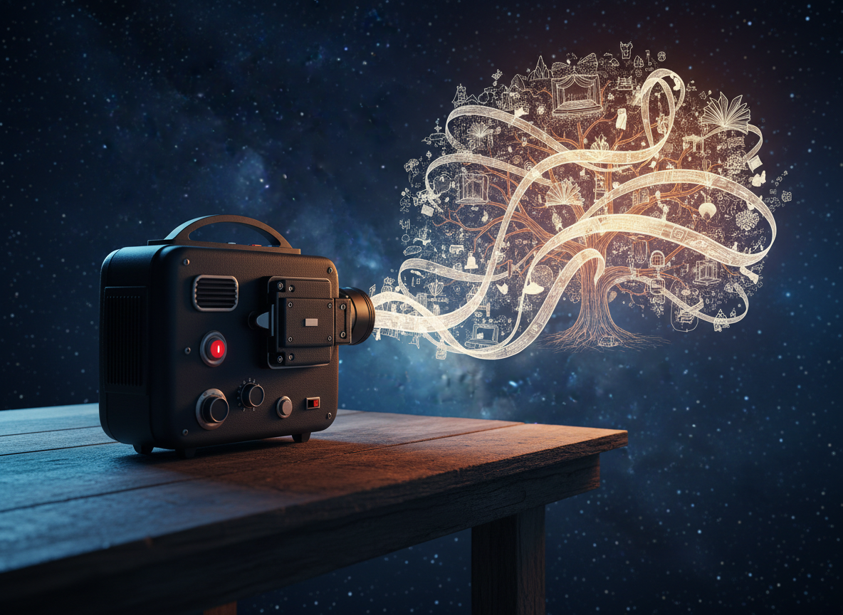 A sleek, matte-black vintage film projector, intricately detailed with brushed metal dials and a glowing crimson power switch, sits on the edge of a rough-hewn wooden table suspended in a vast, star-filled void. Instead of film, shimmering ribbons of text and hand-drawn sketches pour from its lens, spiraling into an enormous, glowing fruit tree composed entirely of scenes: miniature stages, floating books, tiny houses on stilts. A cool blue key light from the left and a warm orange rim light from the right give the projector a dramatic, cinematic presence, with long shadows stretching across the table’s textured grain. Shot from a slightly low angle with shallow depth of field, the image feels bold, surreal, and inventive, emphasizing storytelling as both projection and harvest.