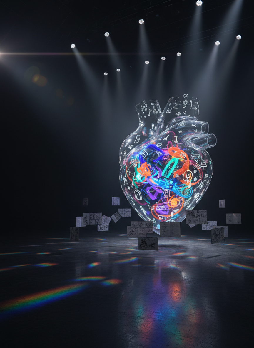 A towering, transparent glass heart stands at the center of a cavernous, cinematic soundstage, its surface etched with tiny narrative icons: keys, doors, rockets, typewriters, and spiraling galaxies. Inside the heart, luminous, abstract shapes twist like colorful story threads, pulsing with inner light. Around it, scattered storyboard panels and scribbled notebooks float slightly above a dark, polished concrete floor. Overhead, high-intensity spotlights slice through a thin haze, creating dramatic shafts of light that refract through the glass, splashing prismatic patterns across the set. Captured at eye level with a wide lens, the composition places the heart on the rule of thirds, with exaggerated depth and subtle lens flare. The overall atmosphere is bold, cinematic, and emotionally charged, embodying outlandish ideas landing squarely in the heart.