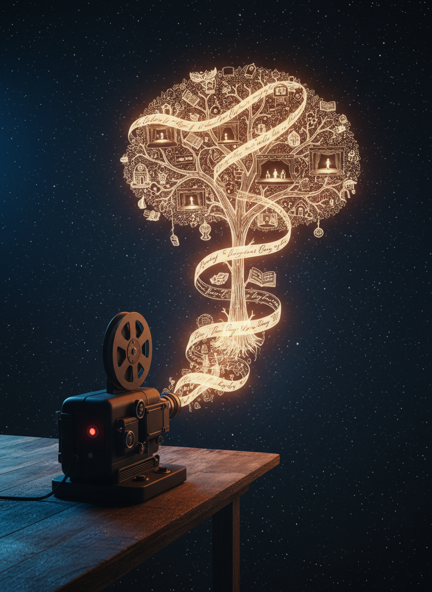 A sleek, matte-black vintage film projector, intricately detailed with brushed metal dials and a glowing crimson power switch, sits on the edge of a rough-hewn wooden table suspended in a vast, star-filled void. Instead of film, shimmering ribbons of text and hand-drawn sketches pour from its lens, spiraling into an enormous, glowing fruit tree composed entirely of scenes: miniature stages, floating books, tiny houses on stilts. A cool blue key light from the left and a warm orange rim light from the right give the projector a dramatic, cinematic presence, with long shadows stretching across the table’s textured grain. Shot from a slightly low angle with shallow depth of field, the image feels bold, surreal, and inventive, emphasizing storytelling as both projection and harvest.