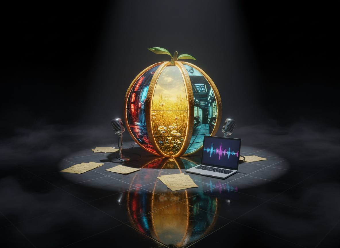 A luminous, oversized fruit made of interlocking story scenes—one slice a rainy city alley, another a sunlit field, another a starship corridor—sits on a dark, highly polished stage floor marked with subtle gridlines. Each segment glows from within like stained glass, throwing colored reflections across scattered script pages, retro microphones, and an open laptop with waveform visualizations on its screen. A dramatic, cinematic spotlight from stage left cuts across the fruit, creating sharp contrast and deep, inky shadows. Wisps of fog drift low across the floor, catching stray beams of light. Shot at a three-quarter angle with a long lens, background plunged into darkness, the mood is bold, theatrical, and slightly surreal, encapsulating “outlandish ideas that land right smack in your heart” as one cohesive, cinematic object.
