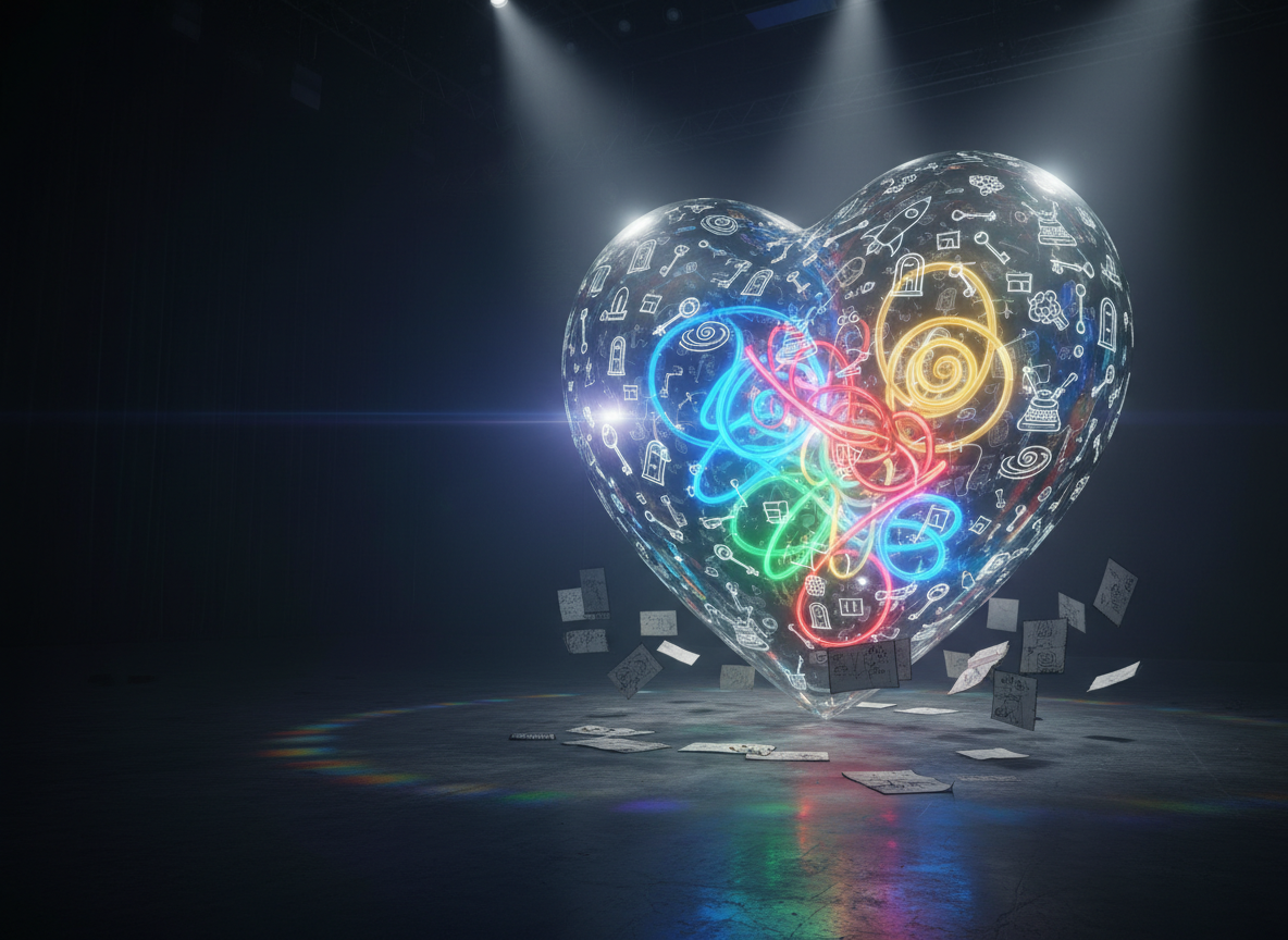 A towering, transparent glass heart stands at the center of a cavernous, cinematic soundstage, its surface etched with tiny narrative icons: keys, doors, rockets, typewriters, and spiraling galaxies. Inside the heart, luminous, abstract shapes twist like colorful story threads, pulsing with inner light. Around it, scattered storyboard panels and scribbled notebooks float slightly above a dark, polished concrete floor. Overhead, high-intensity spotlights slice through a thin haze, creating dramatic shafts of light that refract through the glass, splashing prismatic patterns across the set. Captured at eye level with a wide lens, the composition places the heart on the rule of thirds, with exaggerated depth and subtle lens flare. The overall atmosphere is bold, cinematic, and emotionally charged, embodying outlandish ideas landing squarely in the heart.